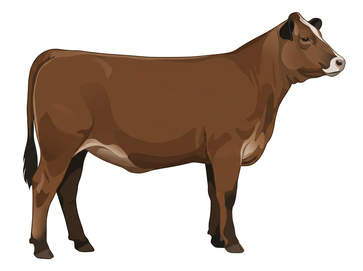 Brown with black points, a pale muzzle ring and lighter underline and a partial white face 1/2 Braunvieh Cross Heifer