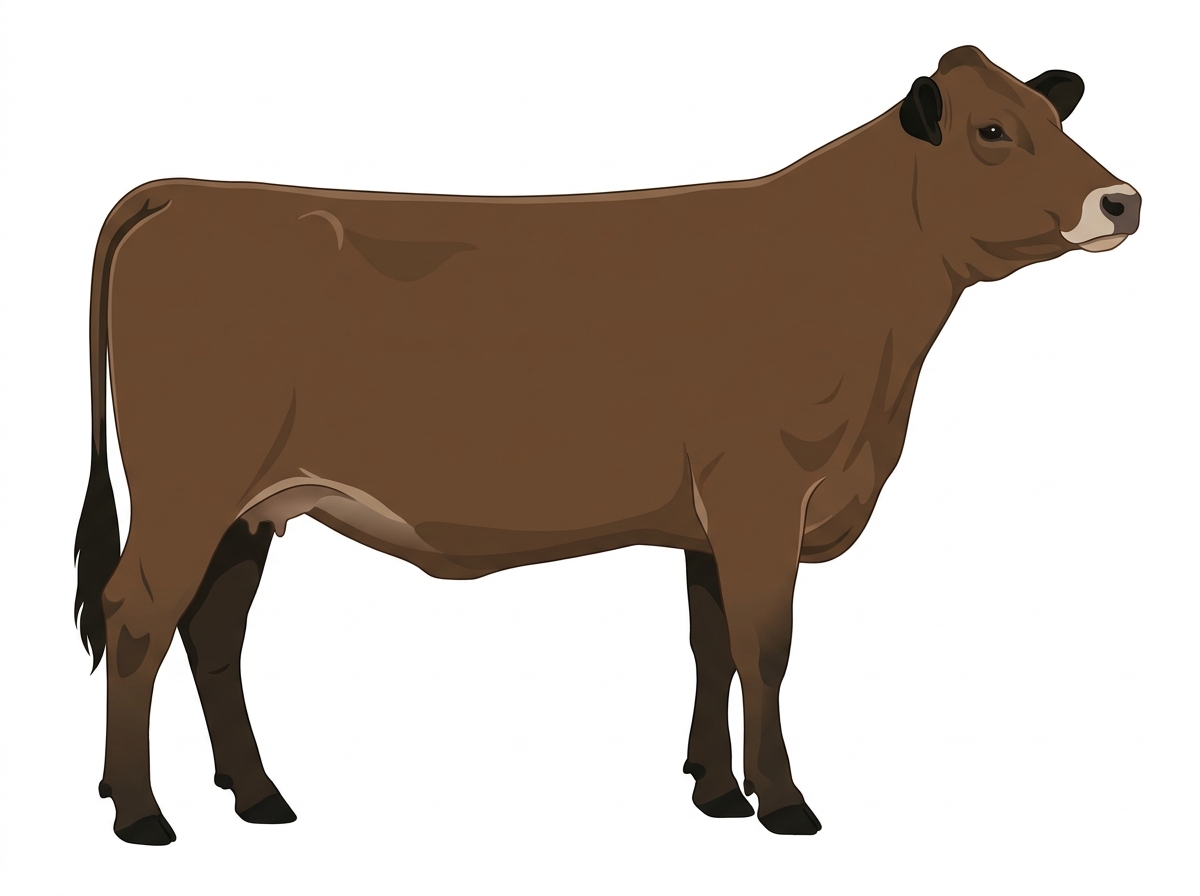 Brown with black points and a pale muzzle ring and lighter underline 1/2 Braunvieh Cross Cow