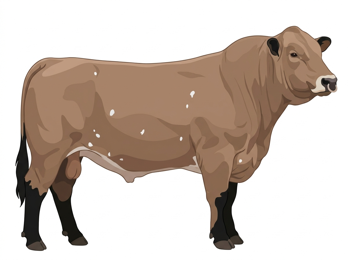 Light brown roan with black points, a pale muzzle ring and lighter underline and a few white spots 1/2 Braunvieh Cross Bull