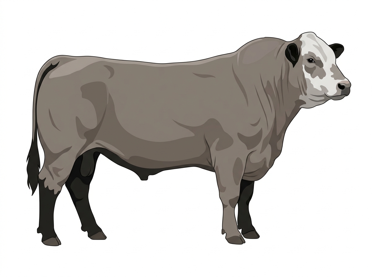 Gray with black points and a partial white face 1/2 Chianina 1/2 Hereford Bull