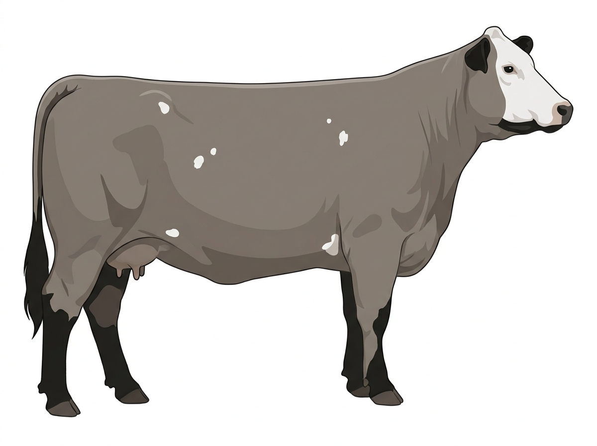 Gray with black points, a white face and a few white spots 1/2 Chianina 1/2 Simmental Cow
