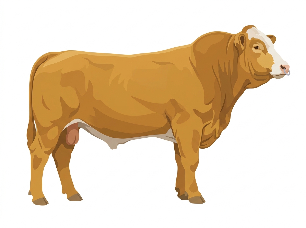 Gold with a pale muzzle ring and lighter underline and a partial white face 1/2 Chianina Cross Bull
