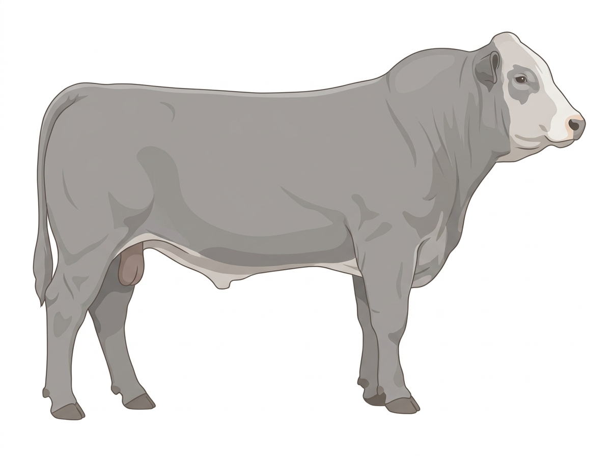 Gray with a pale muzzle ring and lighter underline and a partial white face 1/2 Chianina Cross Bull
