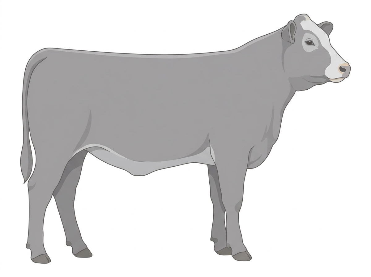 Gray with a pale muzzle ring and lighter underline and a partial white face 1/2 Chianina Cross Heifer