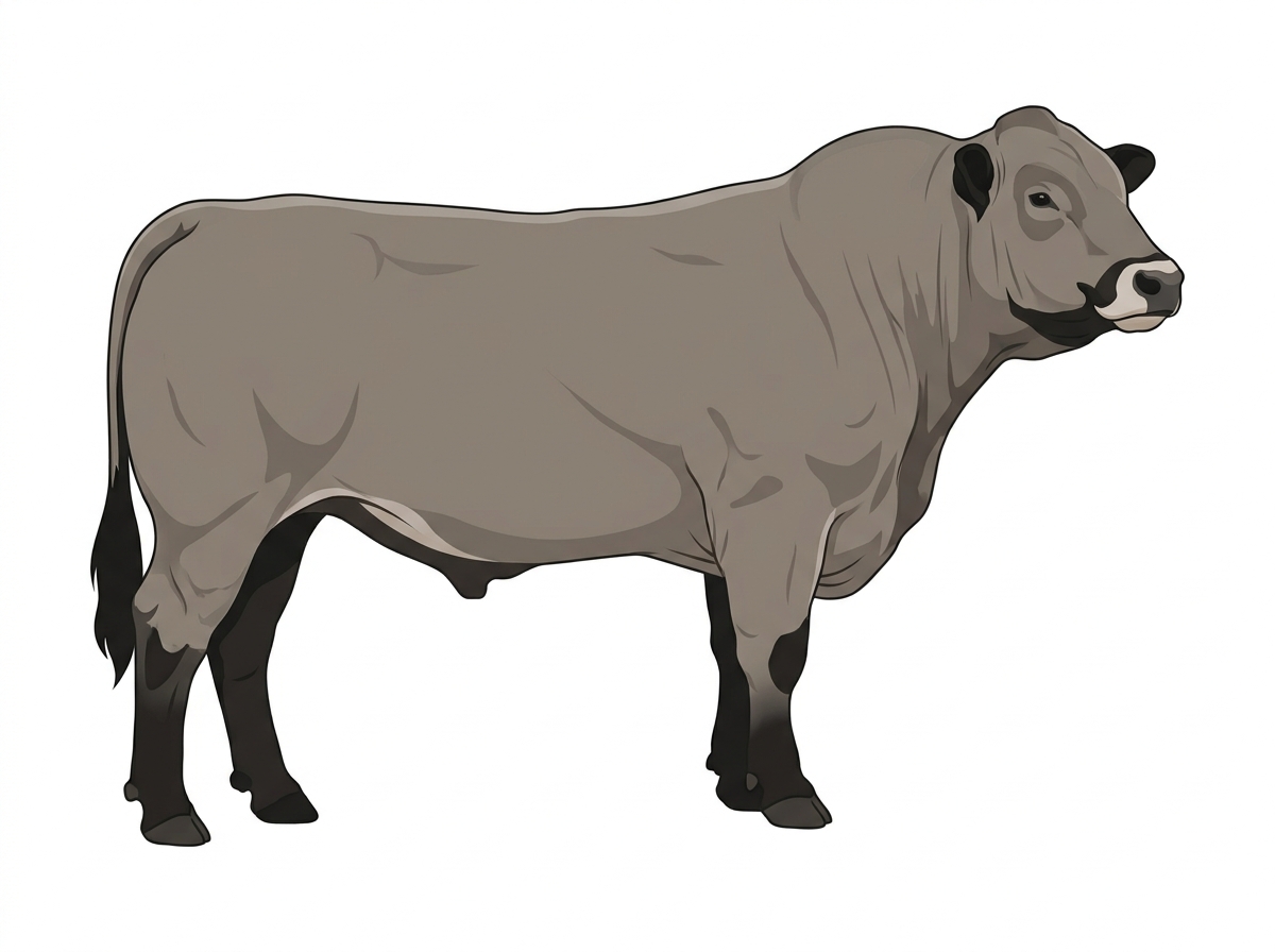 Gray with black points and a pale muzzle ring and lighter underline 1/2 Chianina Cross Bull