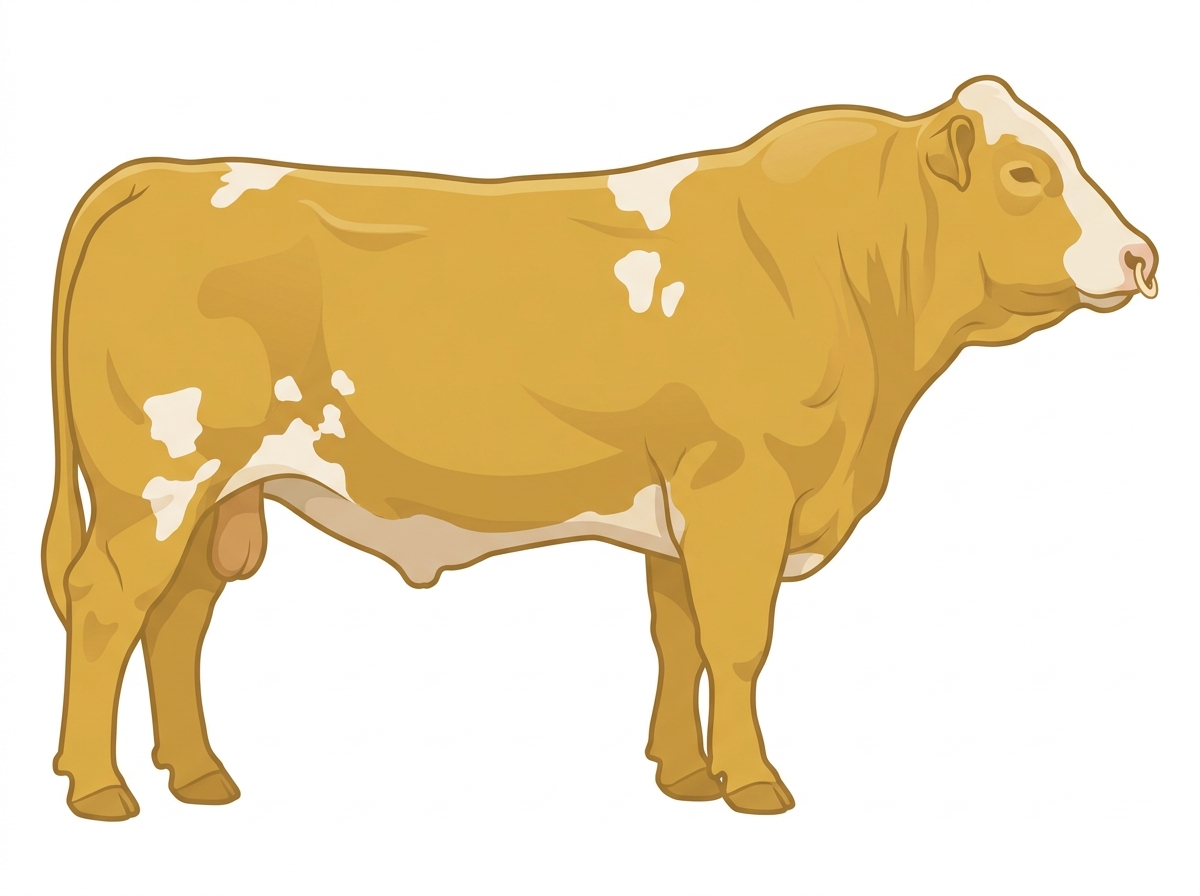 Gold with a pale muzzle ring and lighter underline, a partial white face and a few white spots 1/2 Gelbvieh 1/2 Simmental Bull