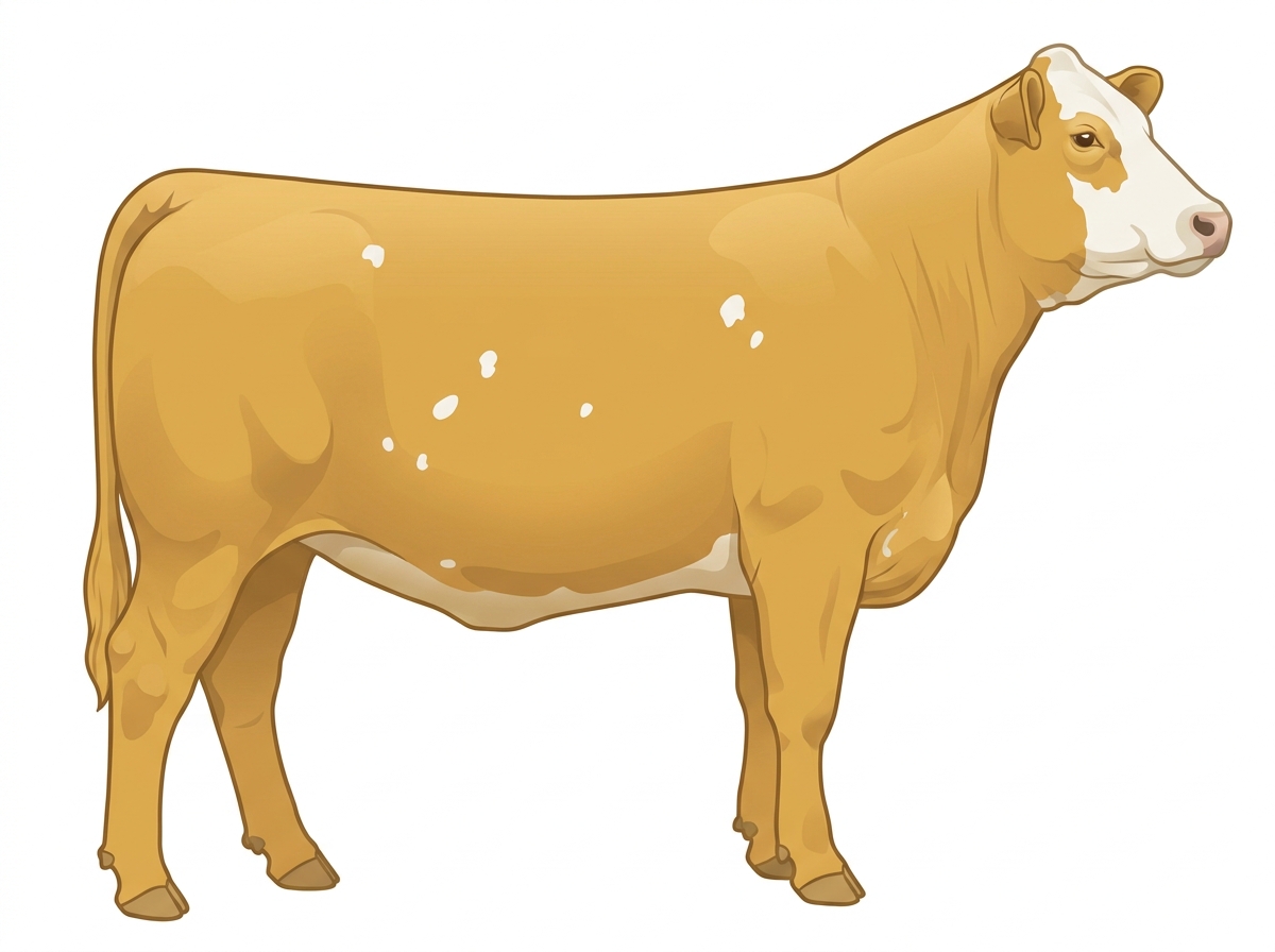 Gold with a pale muzzle ring and lighter underline, a white face and a few white spots 1/2 Gelbvieh 1/2 Simmental Heifer