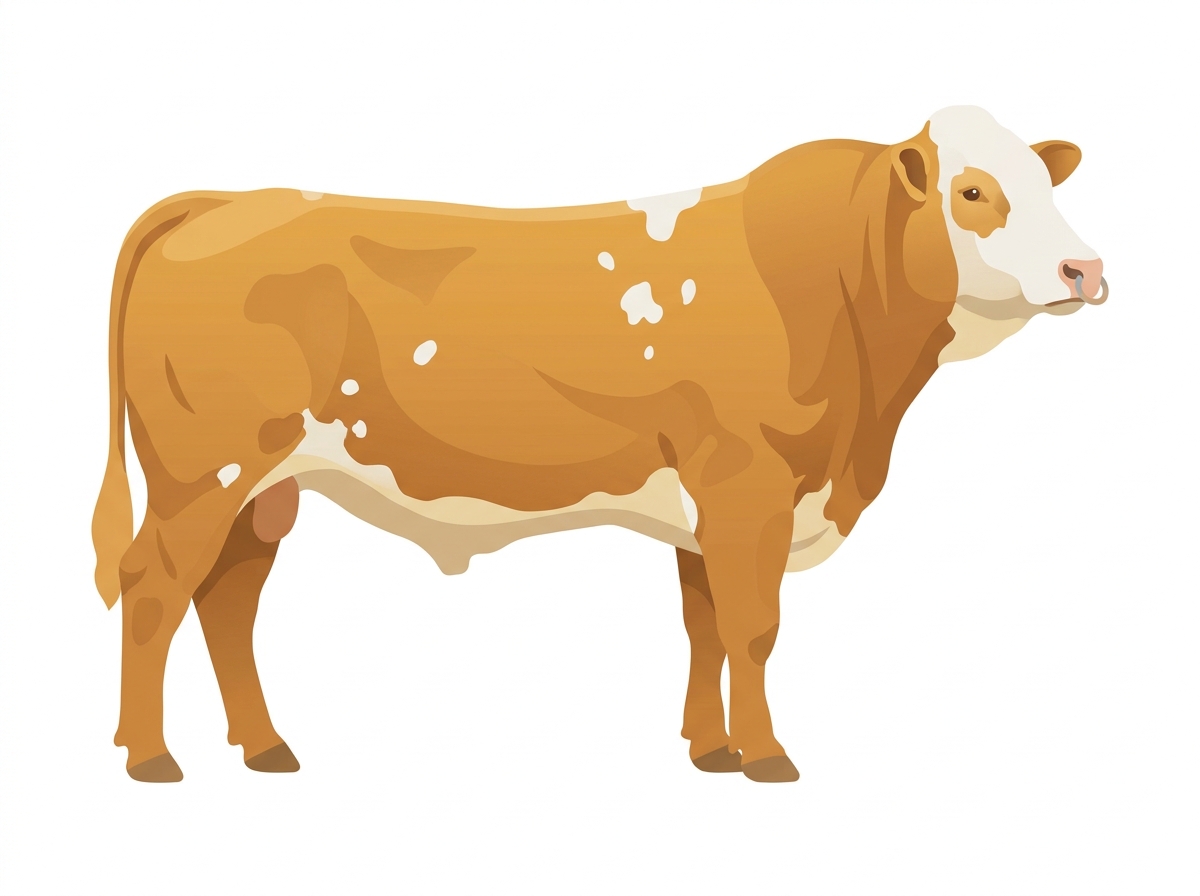 Gold with a pale muzzle ring and lighter underline, a white face and white spots 1/2 Gelbvieh 1/2 Simmental Bull