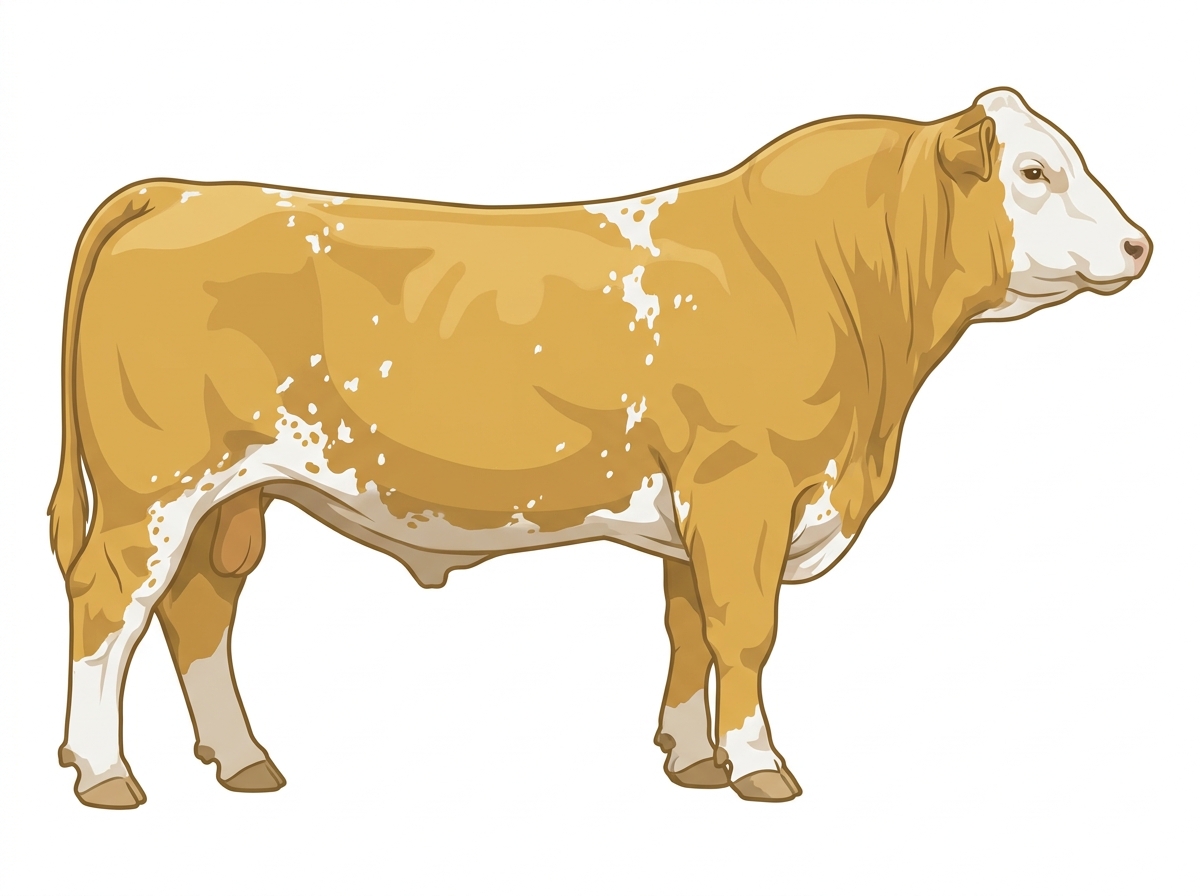 Gold with a white face, a few white spots and ticking in the white 1/2 Gelbvieh 1/2 Simmental Bull