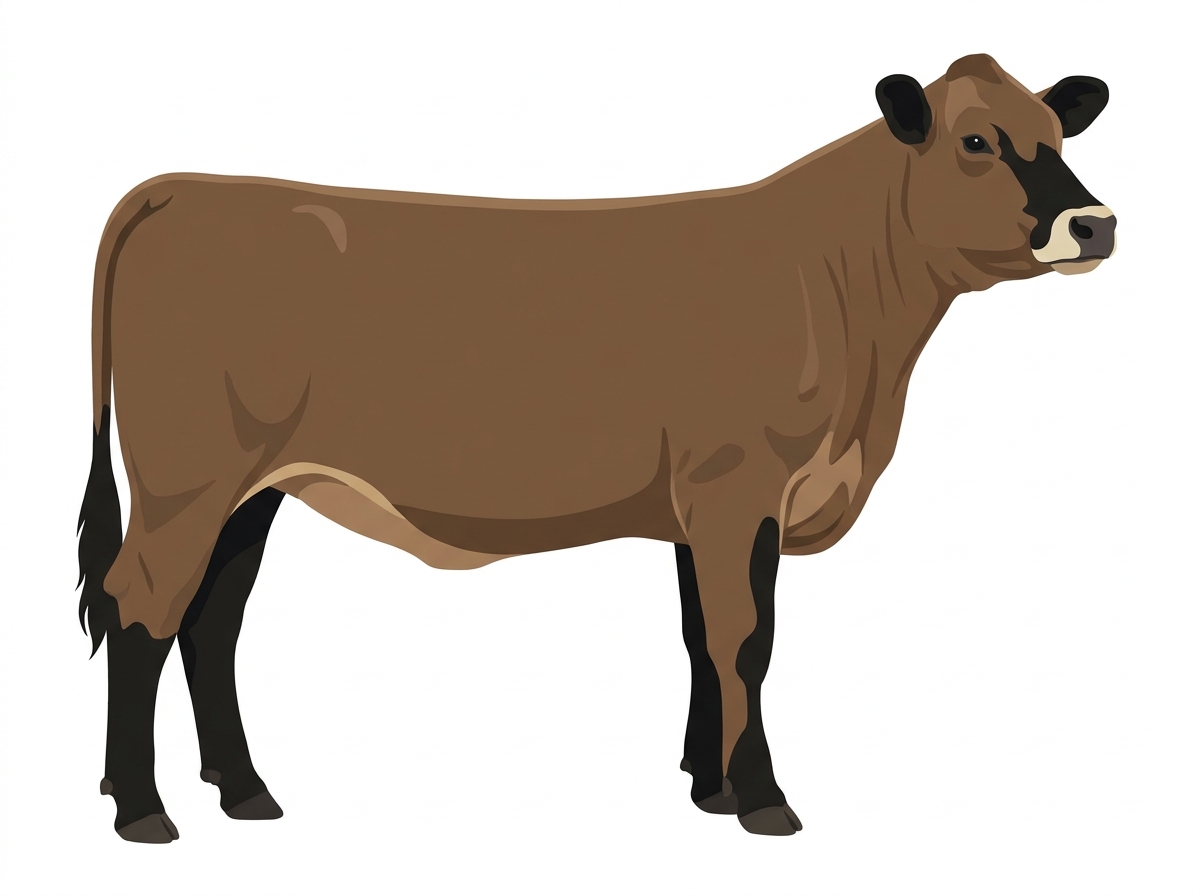 Brown with black points and a pale muzzle ring and lighter underline 1/2 Gelbvieh Cross Heifer