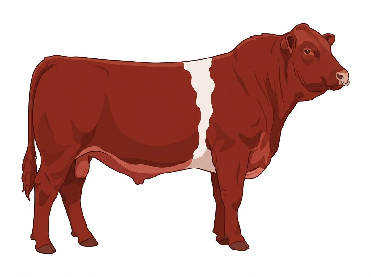 Red with a pale muzzle ring and lighter underline and a white belt around the midsection 1/2 Gelbvieh Cross Bull