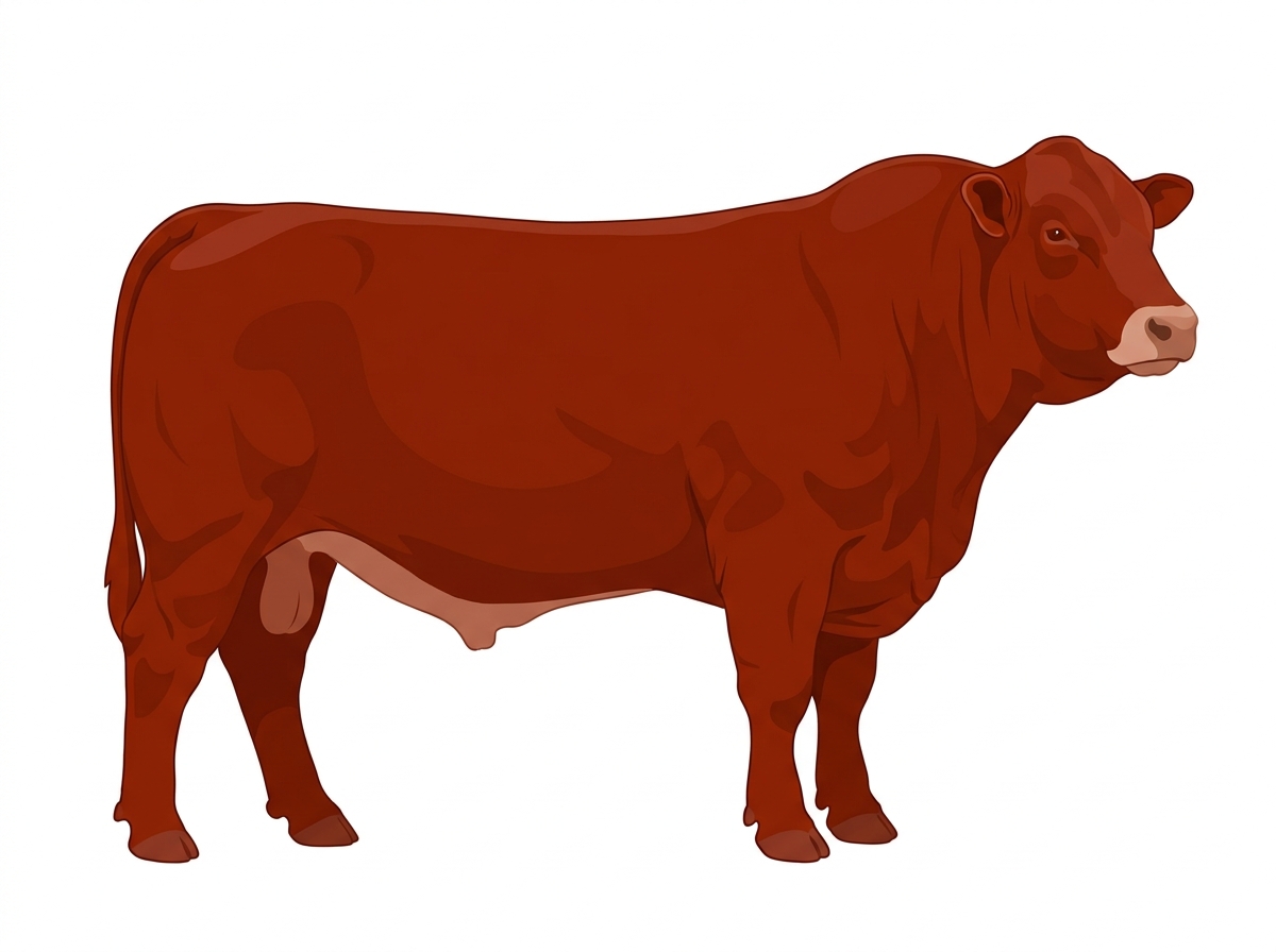 Red with a pale muzzle ring and lighter underline 1/2 Gelbvieh Cross Bull