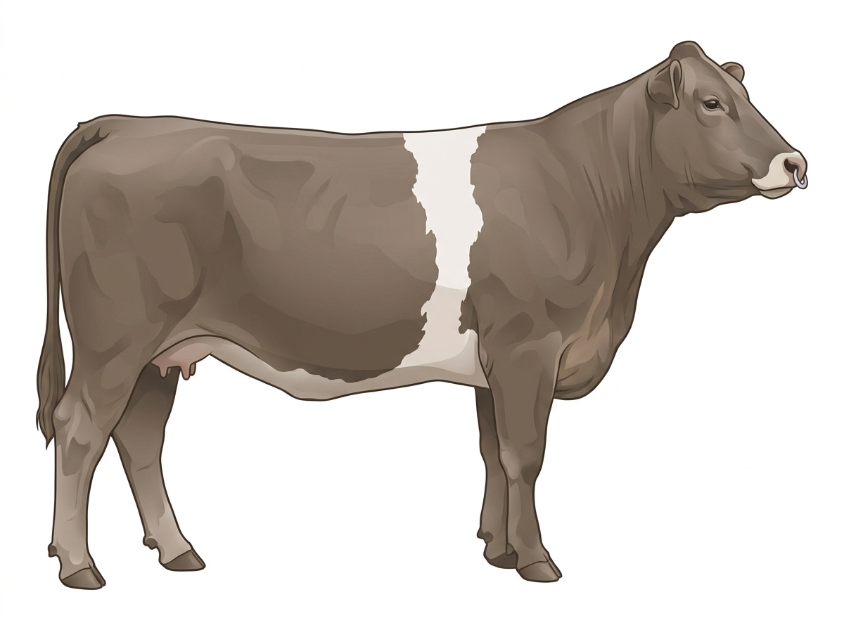 Smoky with a pale muzzle ring and lighter underline and a white belt around the midsection 1/2 Gelbvieh Cross Cow