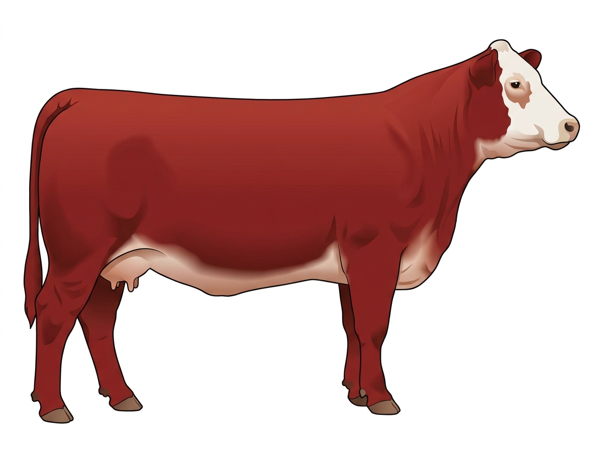 Red with a pale muzzle ring and lighter underline and a white face 1/2 Hereford 1/2 Limousin Cow