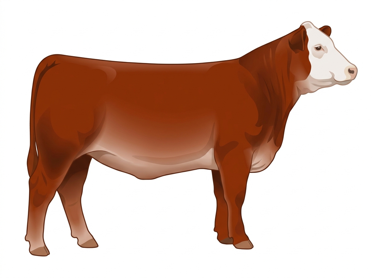 Red with a pale muzzle ring and lighter underline and a white face 1/2 Hereford 1/2 Limousin Heifer