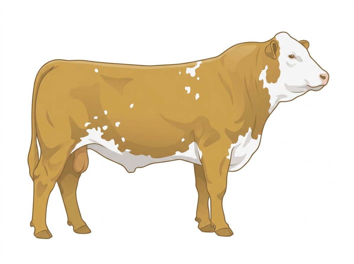 Gold with a full white face, white brisket and underline and white spots 1/2 Hereford 1/2 Simmental Bull