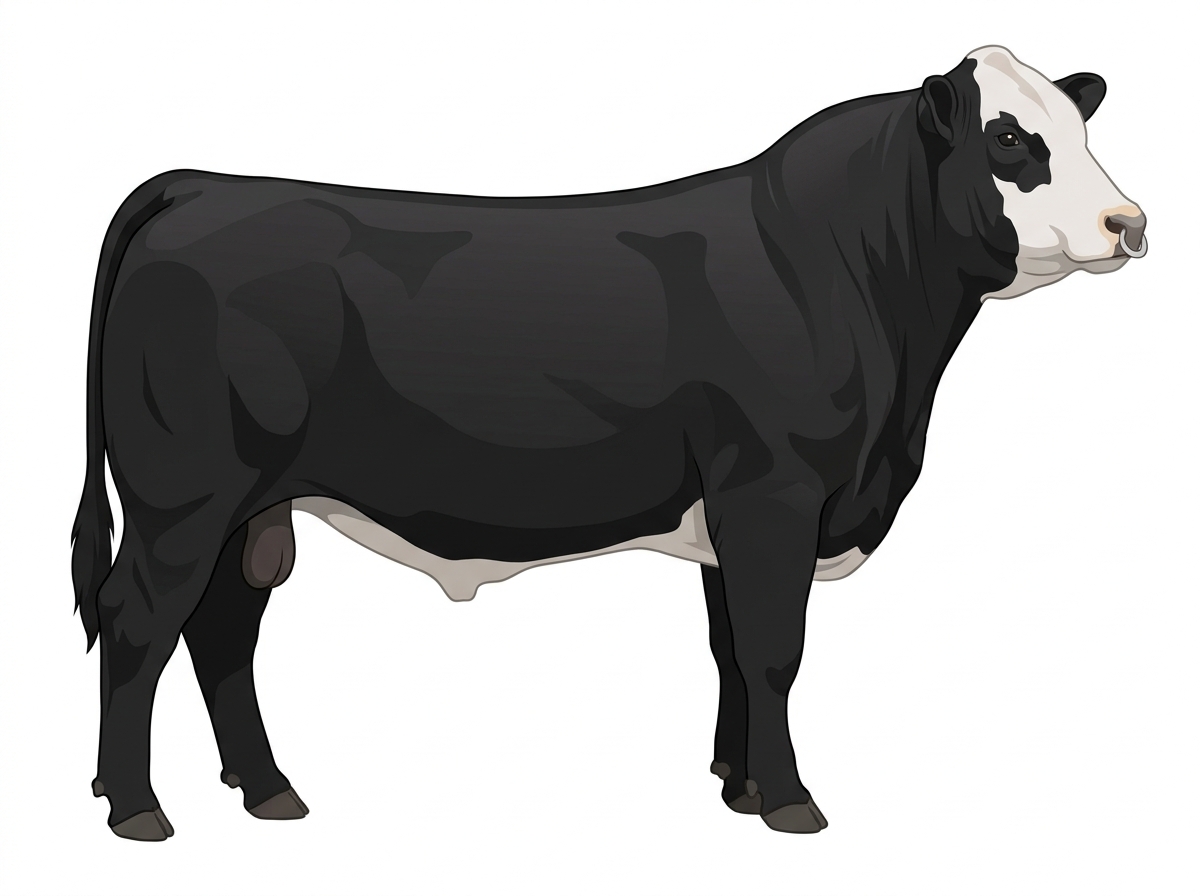 Black with a pale muzzle ring and lighter underline and a white face 1/2 Hereford Cross Bull
