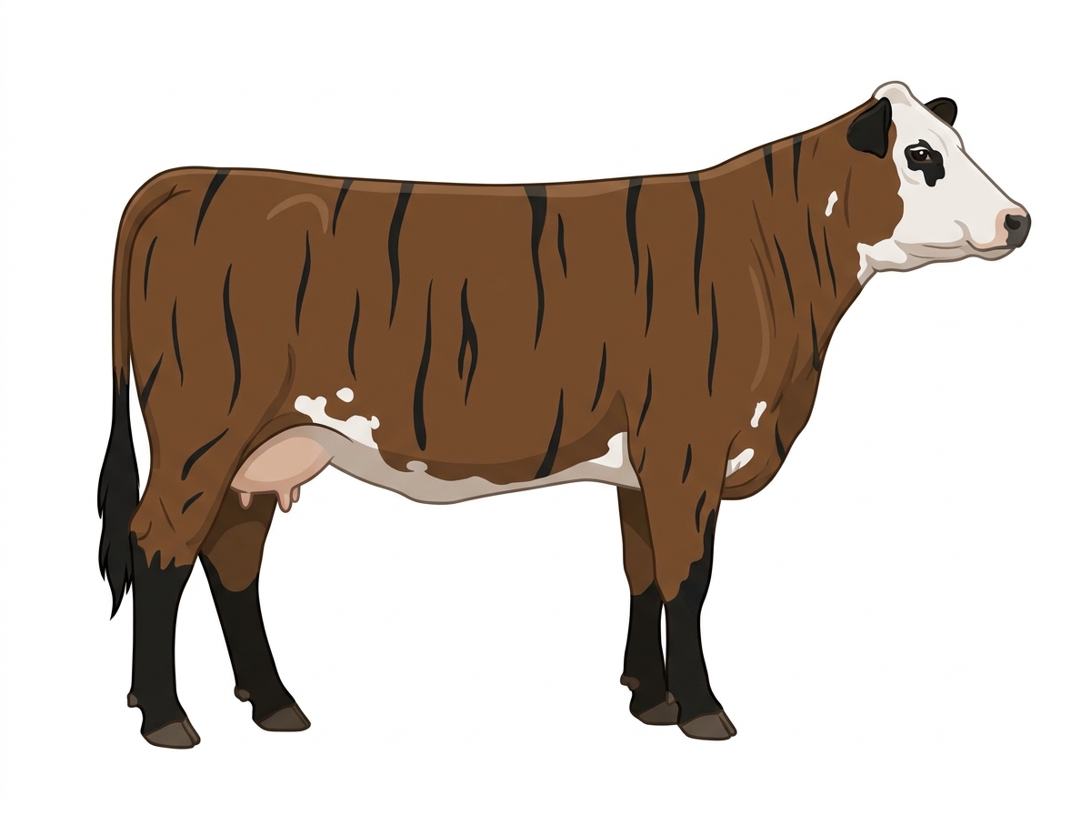 Brown brindle with black stripes, black points, a white face and a few white spots 1/2 Hereford Cross Cow