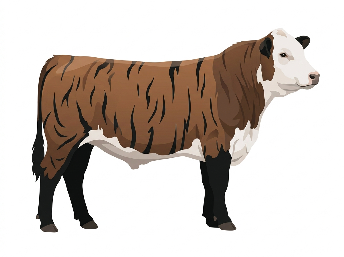 Brown brindle with black stripes, black points and a white face 1/2 Hereford Cross Bull