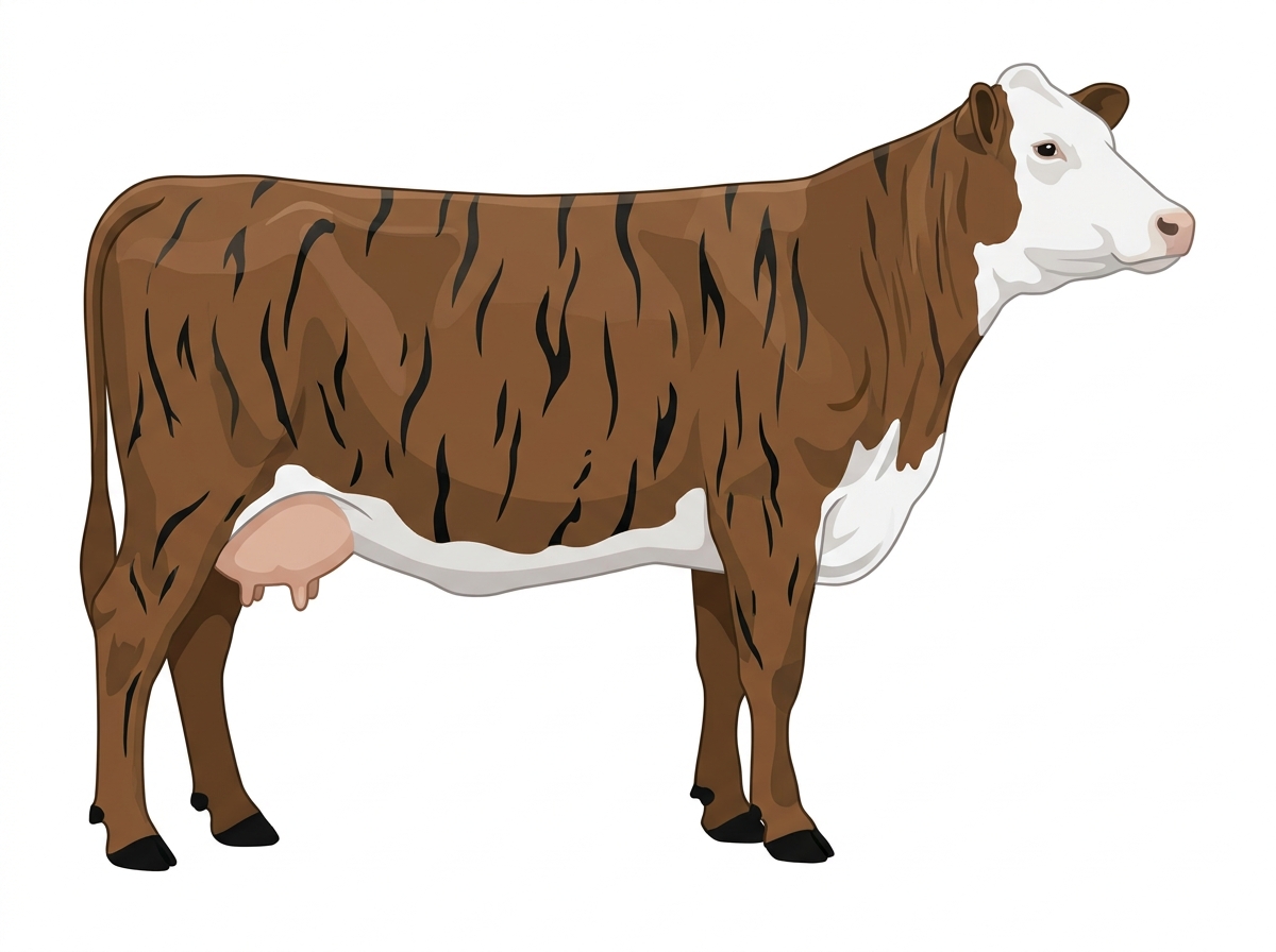 Brown brindle with black stripes, black points and a white face 1/2 Hereford Cross Cow