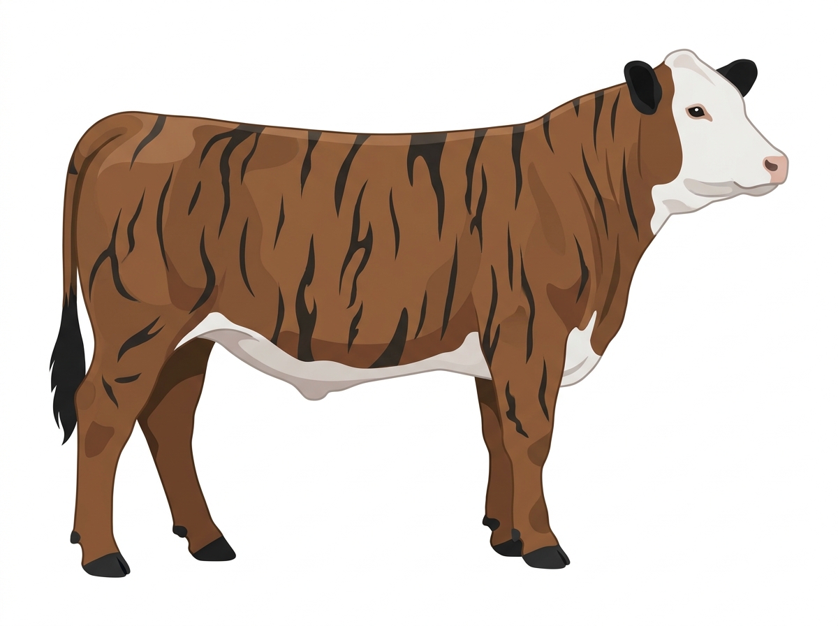 Brown brindle with black stripes, black points and a white face 1/2 Hereford Cross Steer