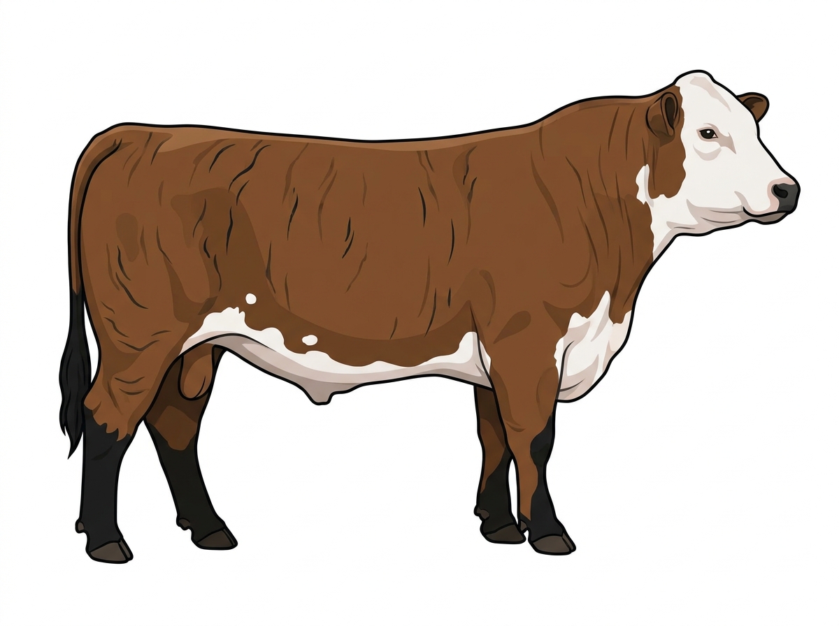 Brown brindle with faint black striping, black points, a white face and a few white spots 1/2 Hereford Cross Bull
