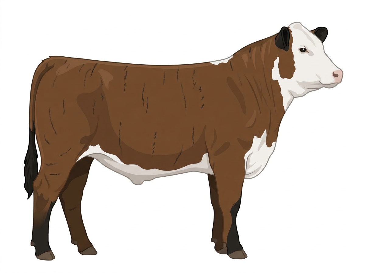 Brown brindle with faint black striping, black points and a white face 1/2 Hereford Cross Steer