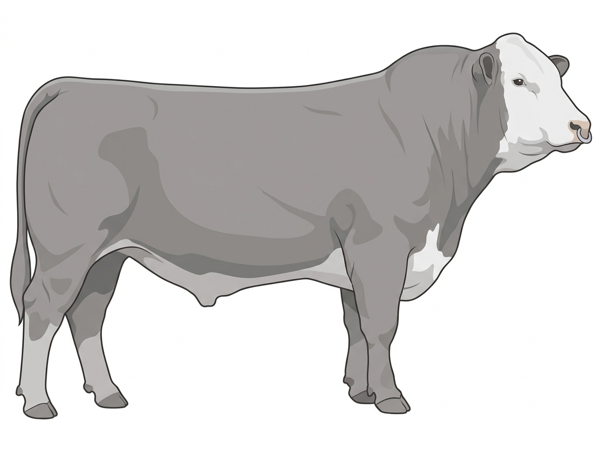 Gray with a pale muzzle ring and lighter underline and a white face 1/2 Hereford Cross Bull