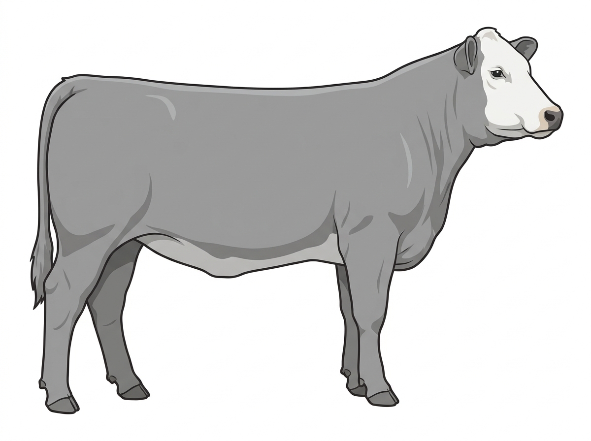 Gray with a pale muzzle ring and lighter underline and a white face 1/2 Hereford Cross Heifer