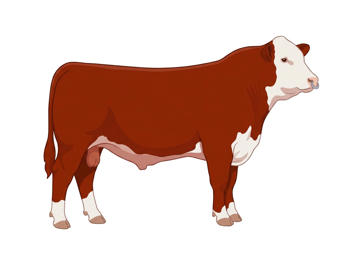 Red with a pale muzzle ring and lighter underline and a white face 1/2 Hereford Cross Bull