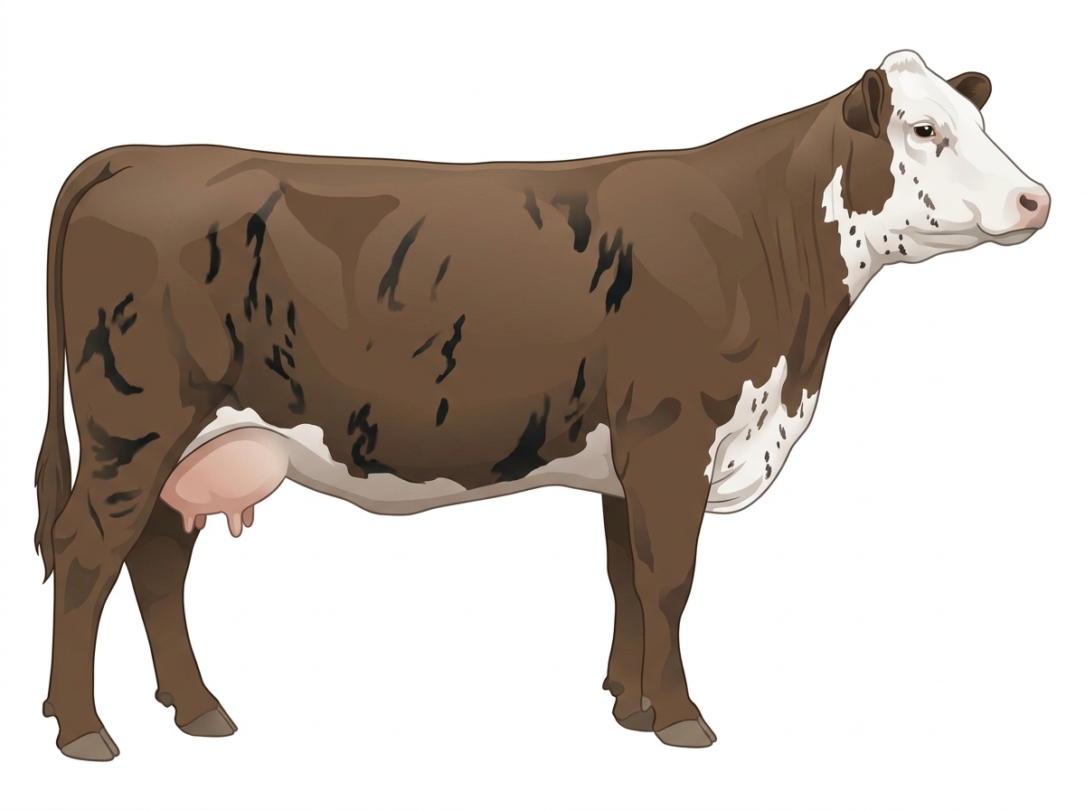 Smoky brindle with black stripes, a white face and ticking in the white 1/2 Hereford Cross Cow