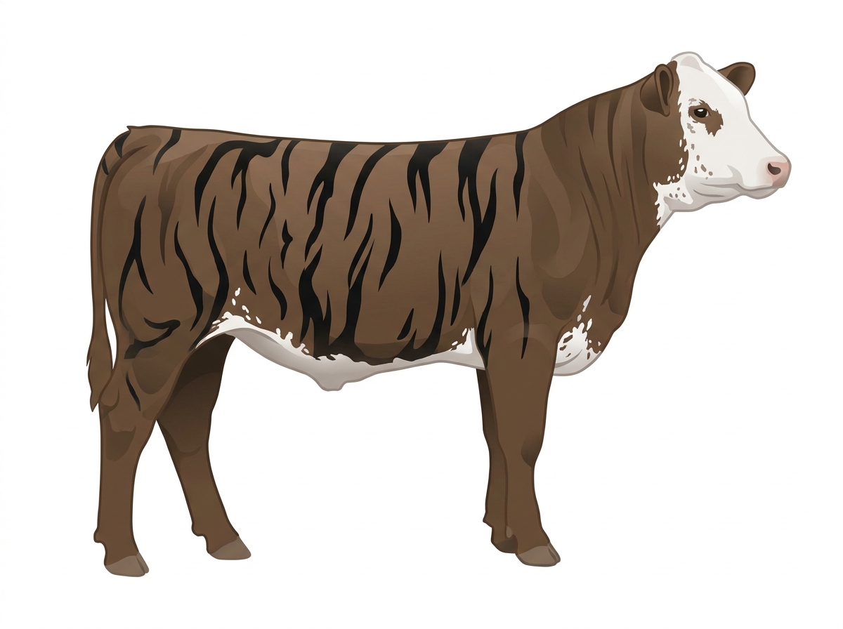 Smoky brindle with black stripes, a white face and ticking in the white 1/2 Hereford Cross Steer