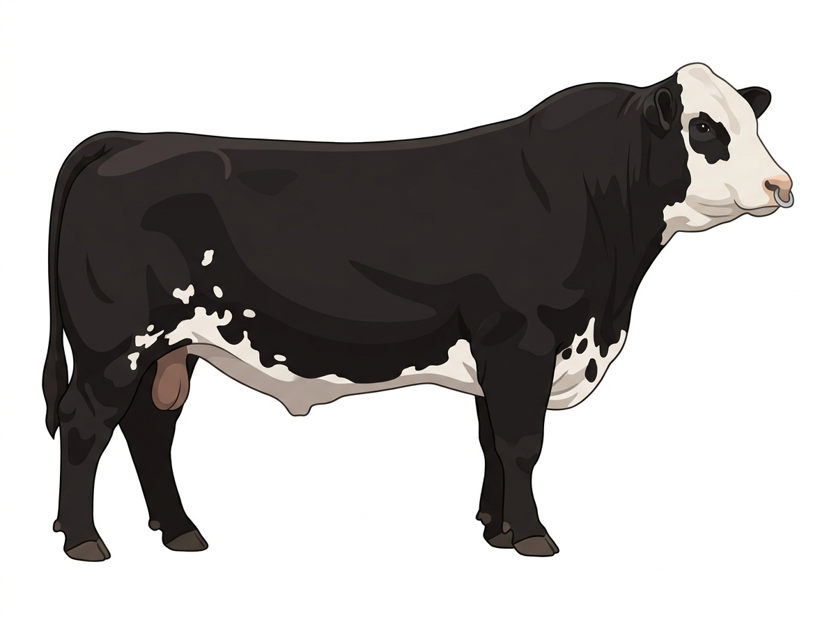 Black with a pale muzzle ring and lighter underline, a white face and white spots 1/2 Highlander 1/2 Simmental Bull