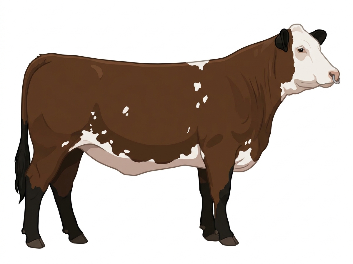 Brown with black points, a pale muzzle ring and lighter underline, a white face and white spots 1/2 Highlander 1/2 Simmental Heifer