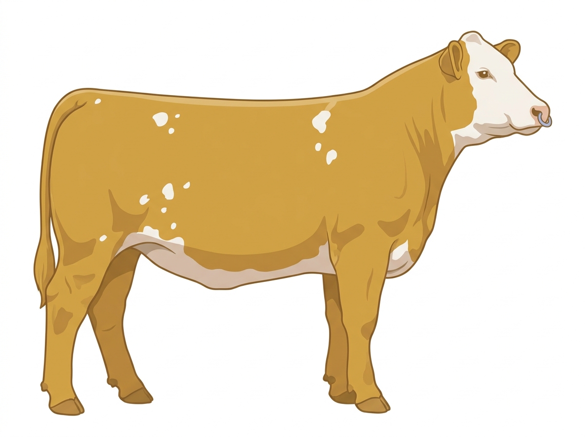 Gold with a pale muzzle ring and lighter underline, a white face and a few white spots 1/2 Highlander 1/2 Simmental Heifer
