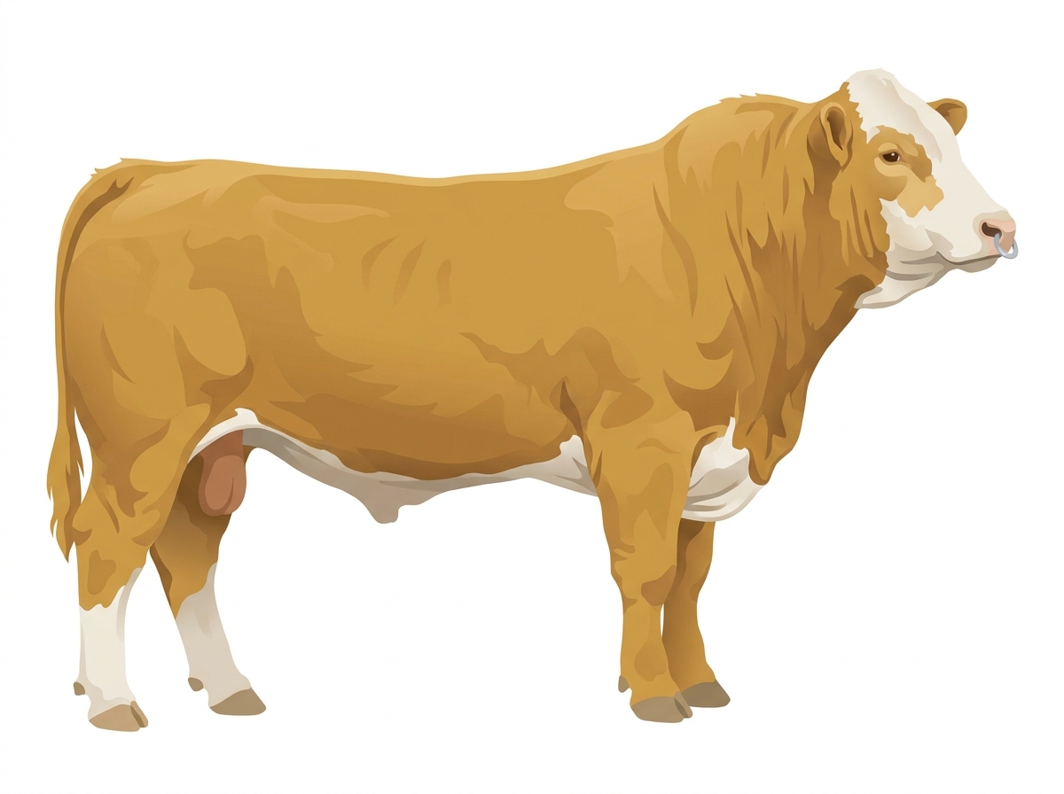 Gold with a pale muzzle ring and lighter underline and a partial white face 1/2 Highlander 1/2 Simmental Bull