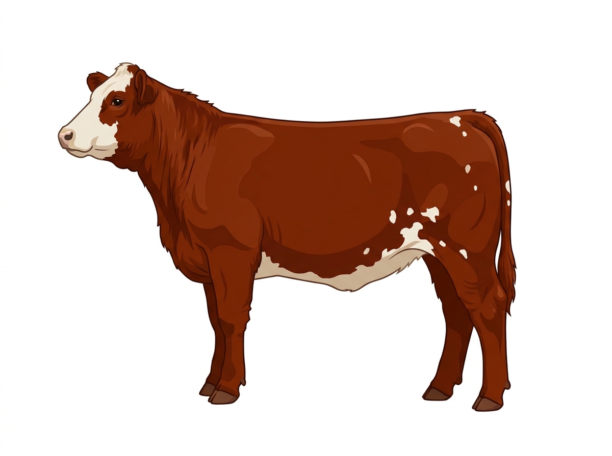 Red with a pale muzzle ring and lighter underline, a partial white face and a few white spots 1/2 Highlander 1/2 Simmental Heifer