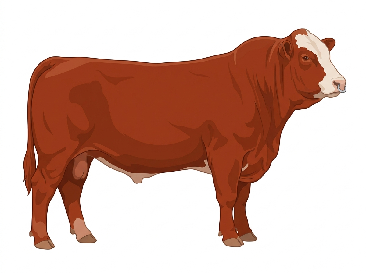 Red with a pale muzzle ring and lighter underline and a partial white face 1/2 Highlander 1/2 Simmental Bull