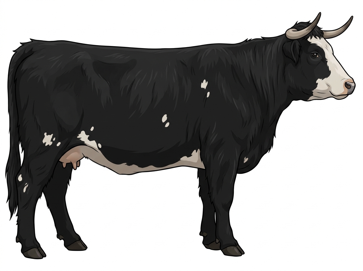Black with a pale muzzle ring and lighter underline, a partial white face and a few white spots 1/2 Highlander Cross Cow