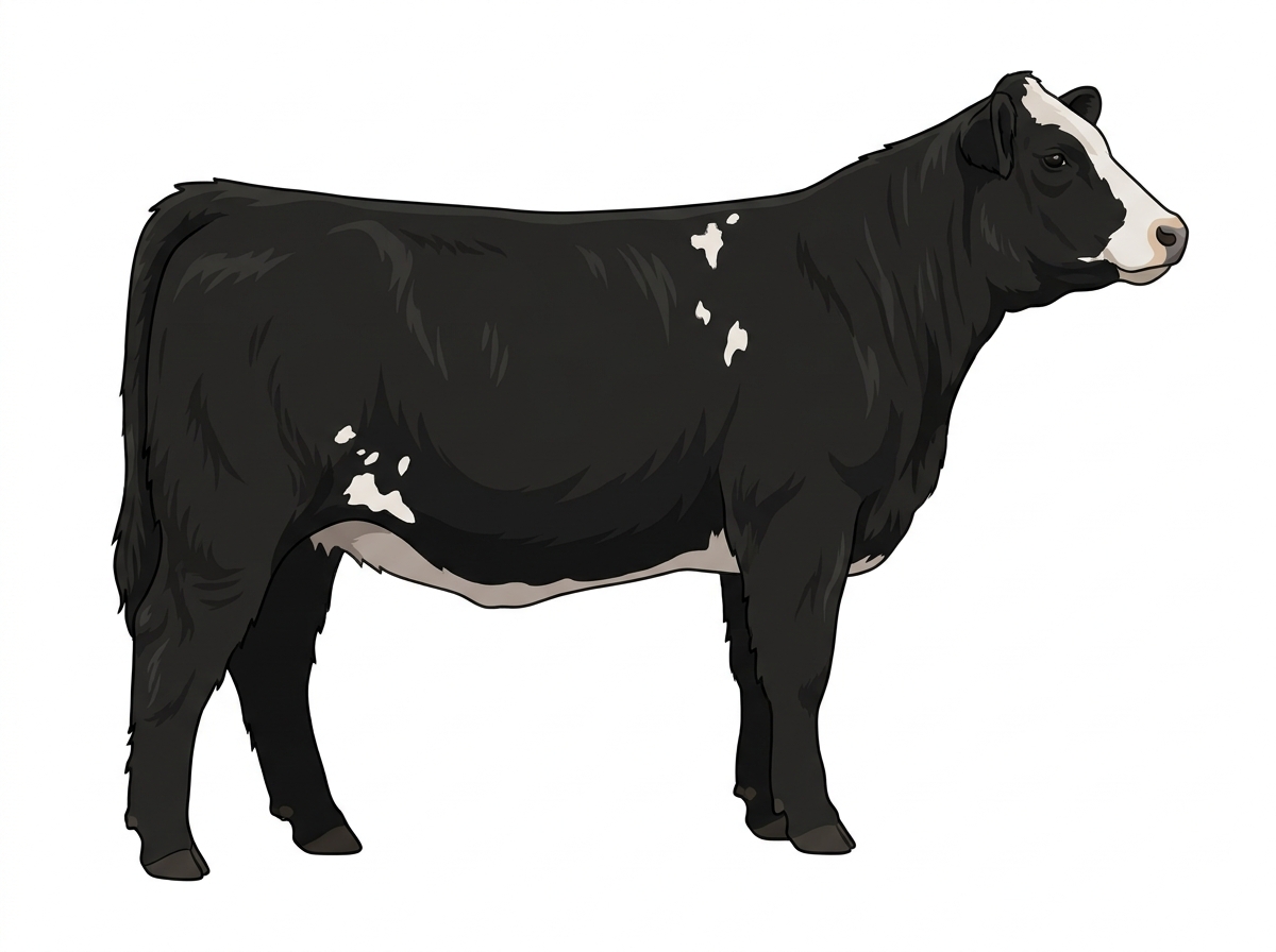 Black with a pale muzzle ring and lighter underline, a partial white face and a few white spots 1/2 Highlander Cross Heifer