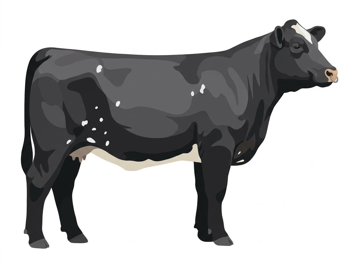 Black with a pale muzzle ring and lighter underline, a partial white face and white spots 1/2 Highlander Cross Cow