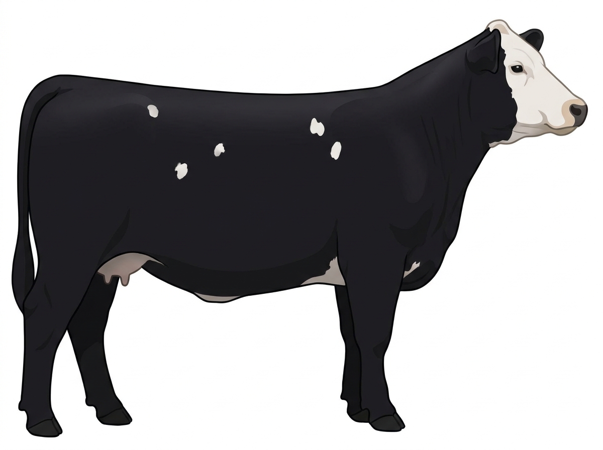 Black with a pale muzzle ring and lighter underline, a white face and a few white spots 1/2 Highlander Cross Cow