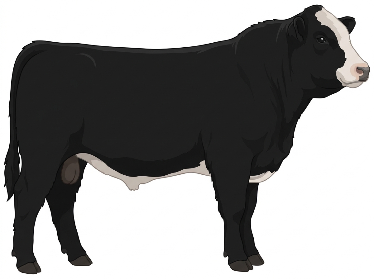 Black with a pale muzzle ring and lighter underline and a partial white face 1/2 Highlander Cross Bull