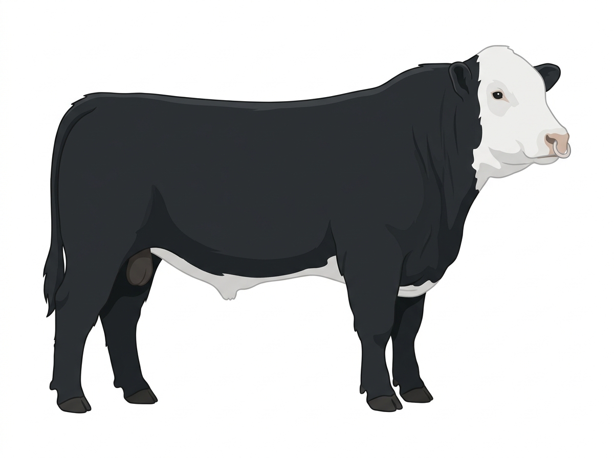 Black with a pale muzzle ring and lighter underline and a white face 1/2 Highlander Cross Bull