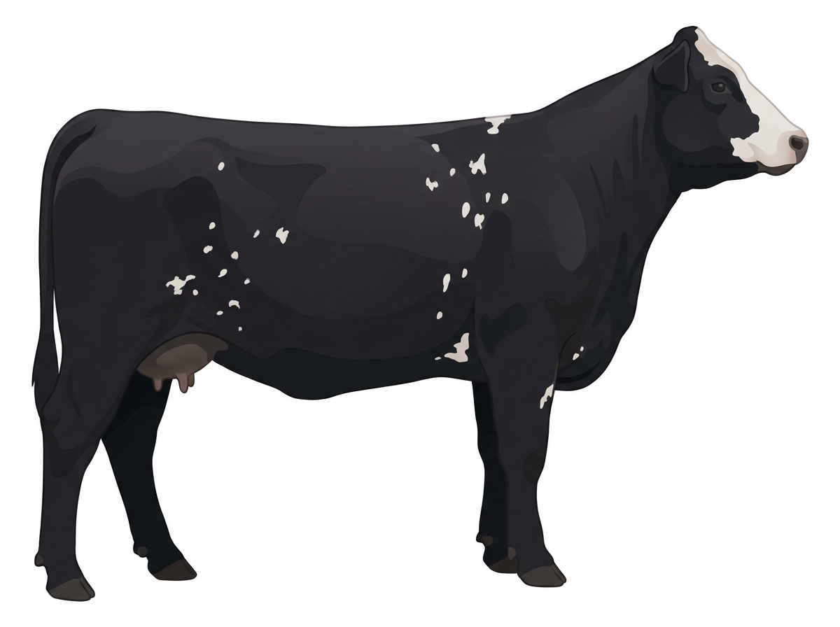 Black with a partial white face and white spots 1/2 Highlander Cross Cow