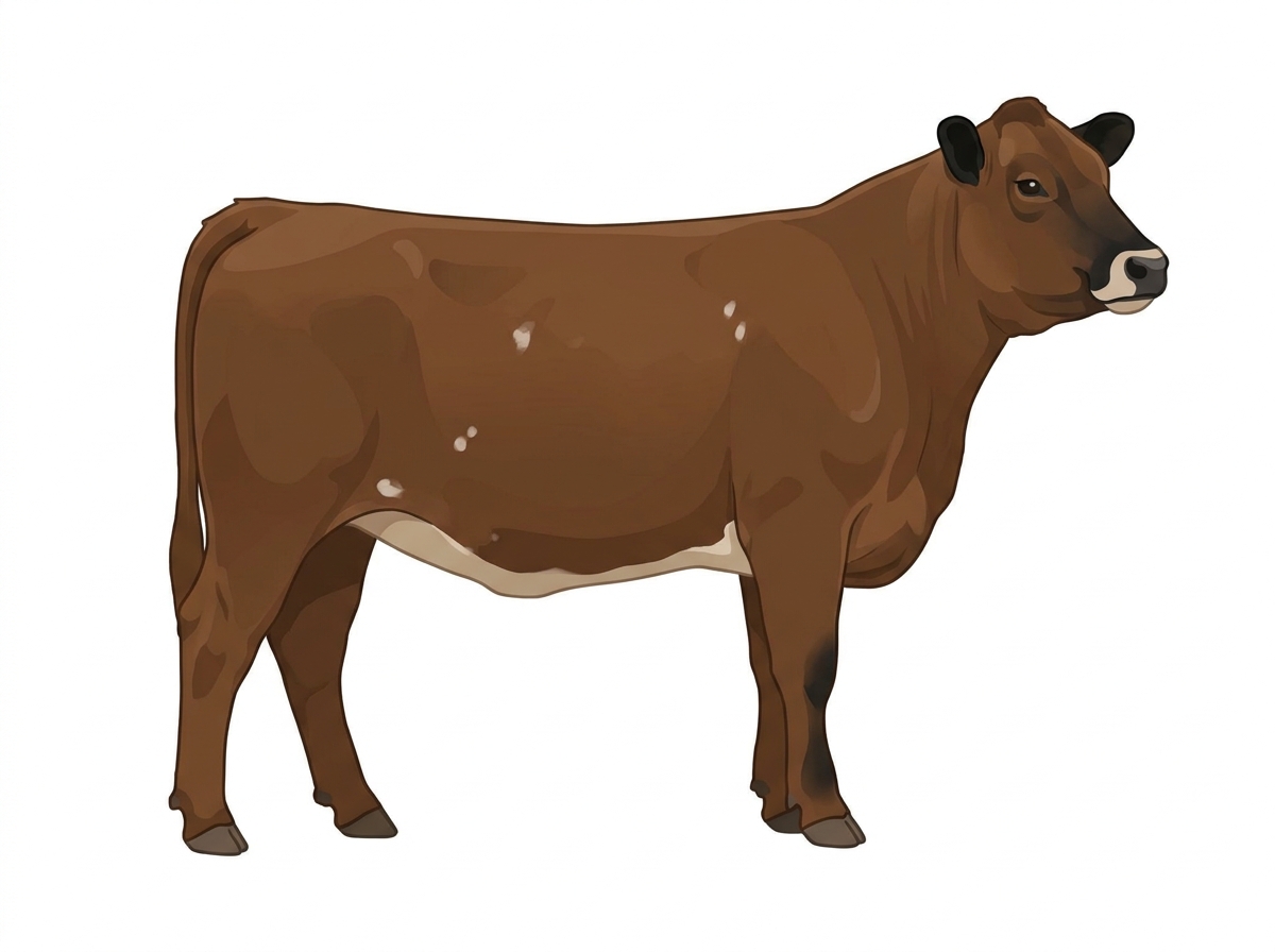 Brown with black points, a pale muzzle ring and lighter underline and a few white spots 1/2 Highlander Cross Heifer
