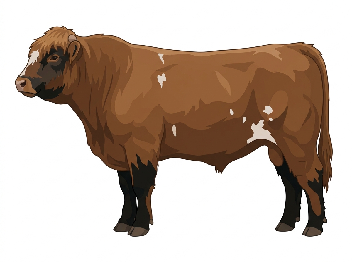 Brown with black points, a partial white face and a few white spots 1/2 Highlander Cross Bull