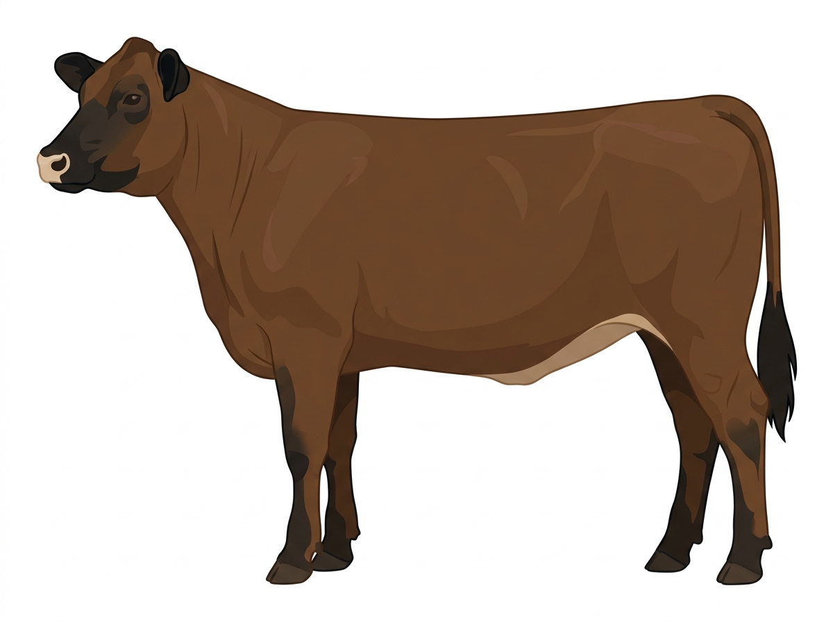 Brown with black points and a pale muzzle ring and lighter underline 1/2 Highlander Cross Heifer