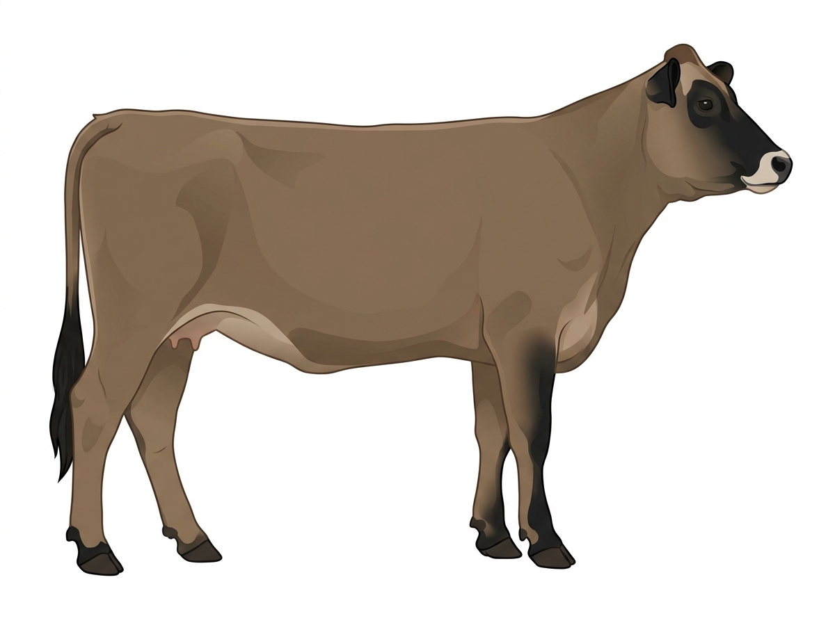 Dun with black points and a pale muzzle ring and lighter underline 1/2 Highlander Cross Heifer