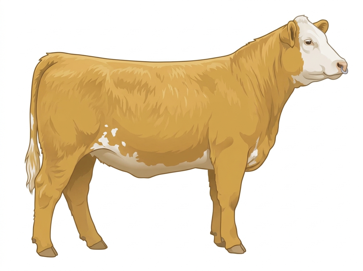 Gold with a pale muzzle ring and lighter underline, a white face and a few white spots 1/2 Highlander Cross Heifer